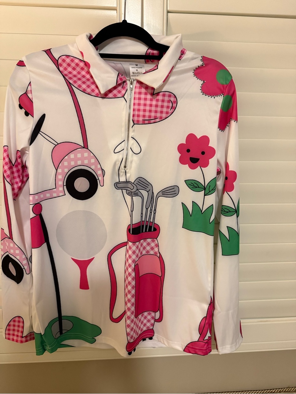 Pink & White Golf-Print Long Sleeve Polo Top 1/4 zip